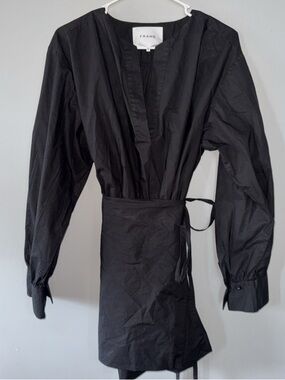 FRAME Black Poplin V-Neck Mini Wrap Dress XL-Flawed